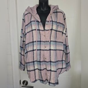 American Eagle Women Size L Button Plaid Hooded Long Sleeve Shirt/Lavender-Blue